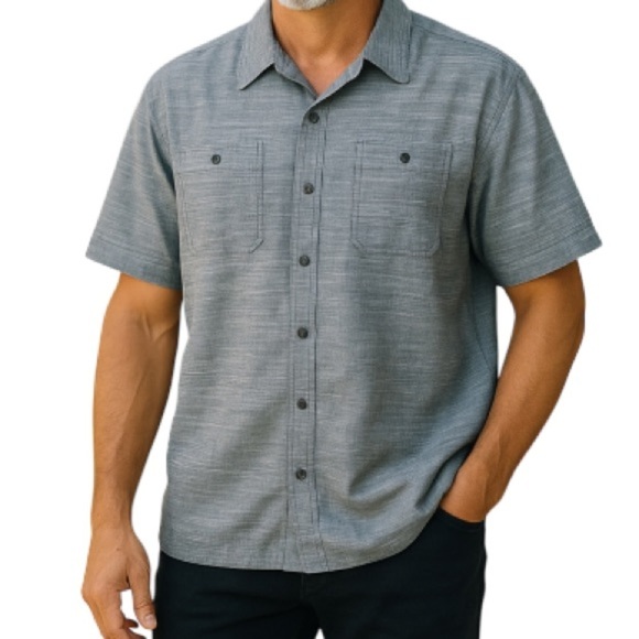 WOOLRICH Mens Blue Marled Chambray Button Up Shirt Short Sleeve Cotton Preppy XL - Picture 1 of 11